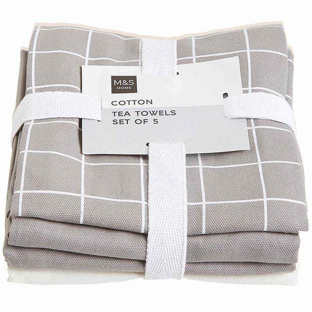 M&S Collection Set of 5 Printed Tea Towels One Size Mid Grey 5 per pack