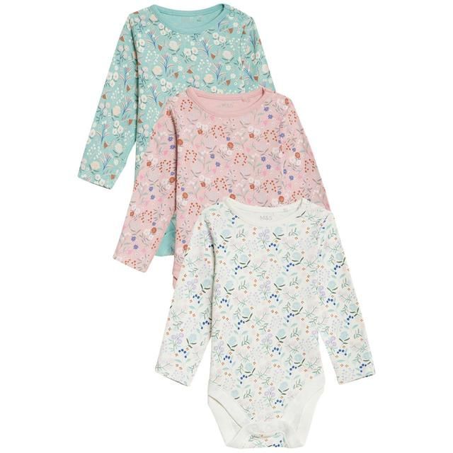 M&S Unisexn 3 Pack Pure Cotton Floral Bodysuits Multi 0-3 Years