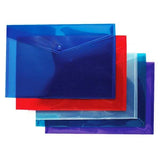 Pack of 5 Tiger Stationery plastic stud wallets/folders. Five assorted translucent colours. Sturdy 200 micron thickness. Material: plastic.