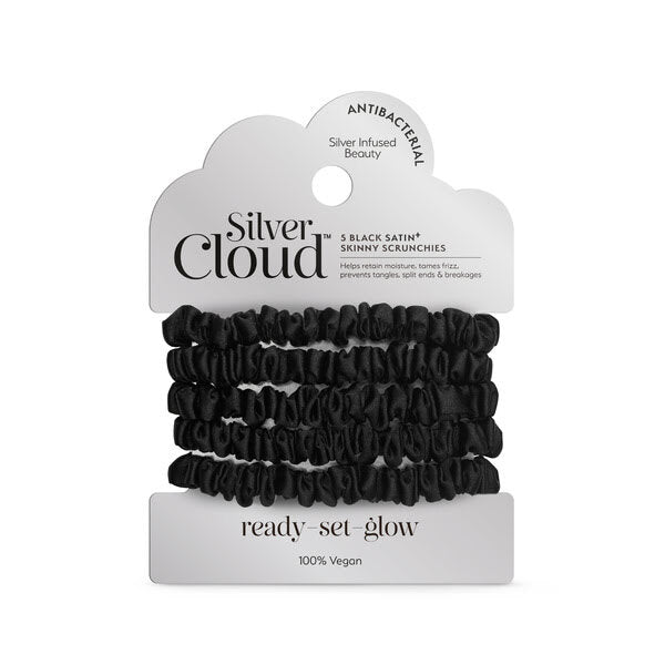Silver Cloud Silver Ion Infused Satin Skinny Scrunchies Black 5 Pack