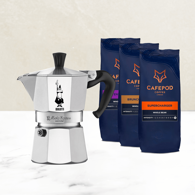 Bialetti Moka Pot starter pack whole bean 6 cup, imported from the UK