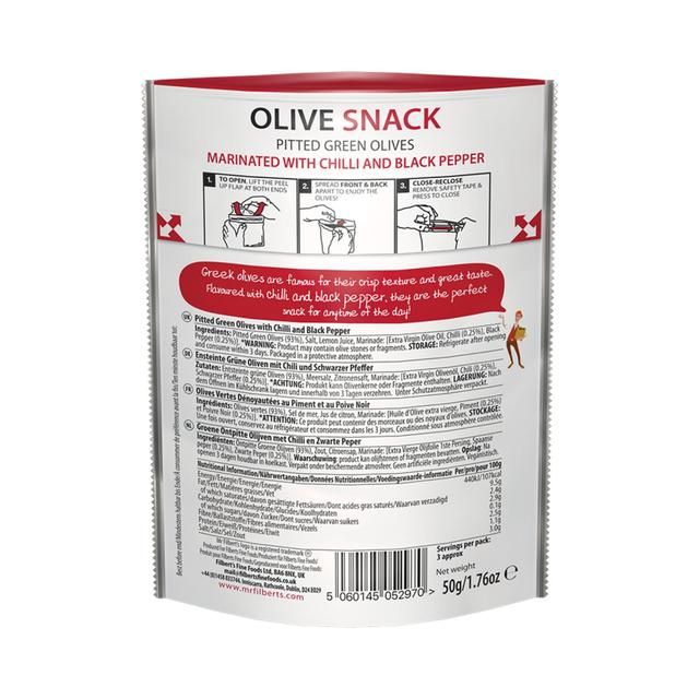 Mr Filberts Olive Snacks Green Olives with Chilli & Black Pepper 50g
