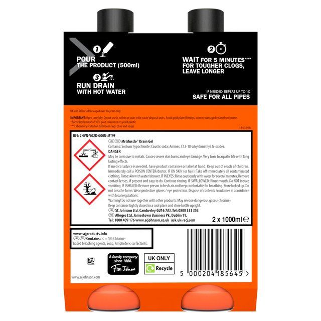 Mr Muscle Power Gel Drain & Sink Unblocker Twin Pack   2 x 1L