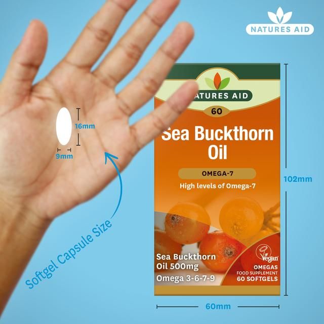 Natures Aid Sea Buckthorn Oil Omega-7 Soft Gel Supplement Capsules 500mg 60 per pack