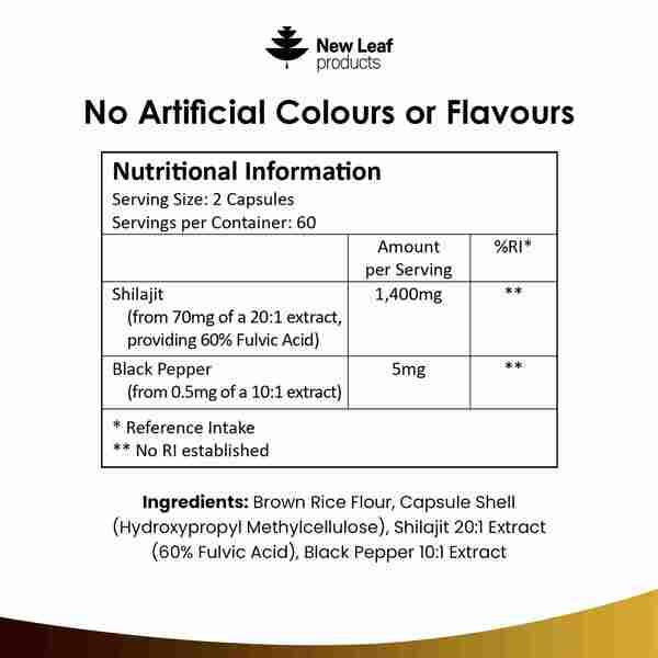 New Leaf Shilajit Capsules 1400mg + 60% Fulvic Acid 120 Caps