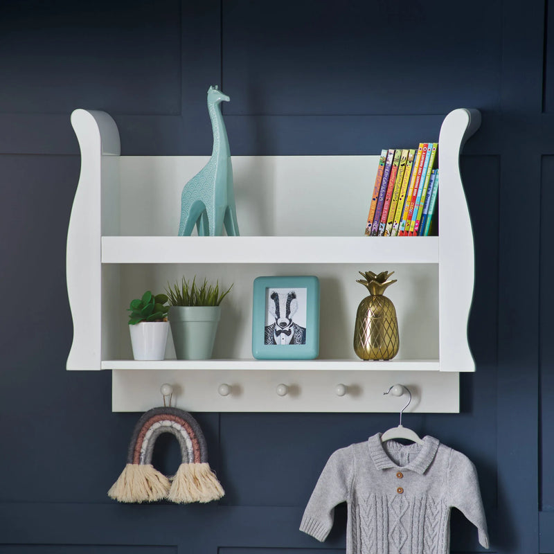Obaby Stamford sleigh nursery shelf in white, imported from the UK