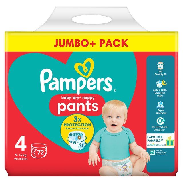 Pampers Baby-Dry Nappy Pants Size 4 (9-15kg) Jumbo+ Pack   72 per pack