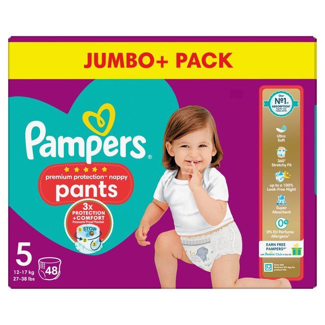 Pampers Premium Protection Nappy Pants Size 5 (12-17kg) Jumbo+ Pack   48 per pack