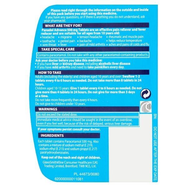Panadol Advance Pain Relief 500 mg Paracetamol Tablets 16s