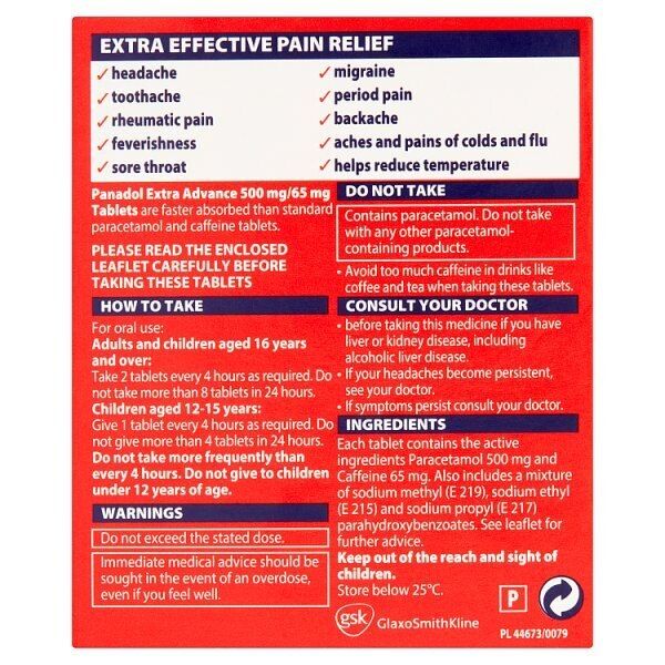 Panadol Paracetamol Pain Relief Tablets 500mg Advance 30s