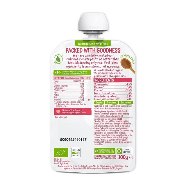 Piccolo Strawberry Banana & Peach Organic Pouch 4 mths+ 100g
