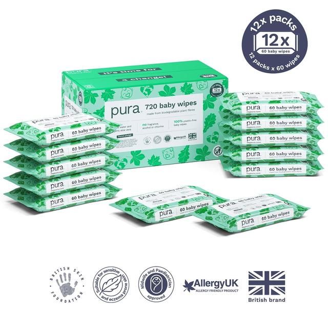 Pura Plastic Free Baby Wipes 12 x 60pk 12 x 60 per pack