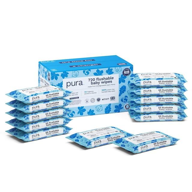 Pura Plastic Free Flushable Baby Wipes 12 x 60pk 12 x 60 per pack