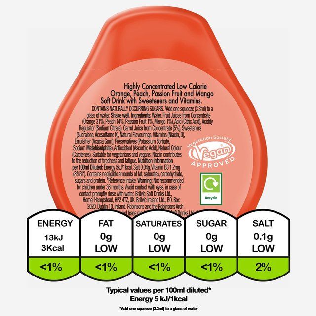 Robinsons Mini Vitality Peach Mango & Passion Fruit No Added Sugar Squash 66ml