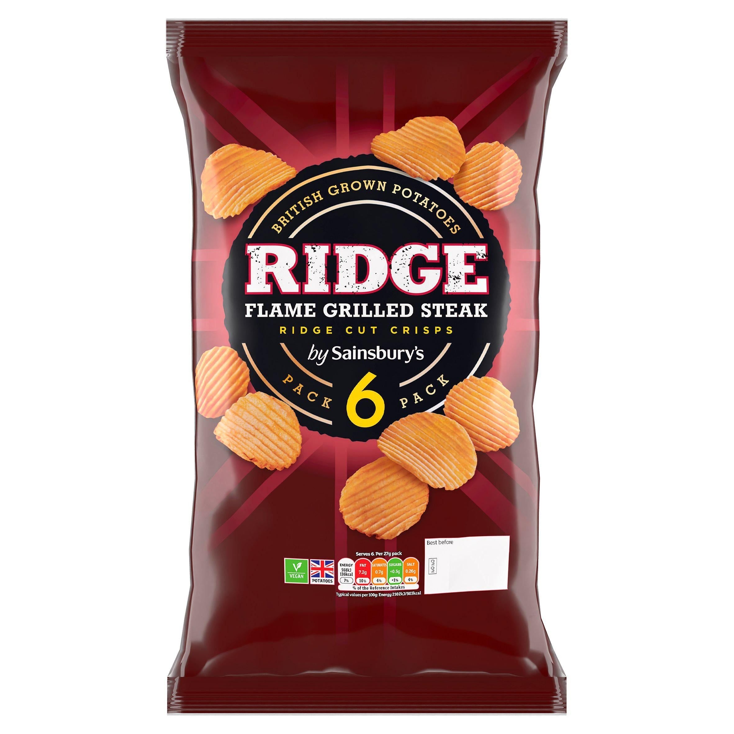 Sainsbury's Flame Grilled Steak Ridge Cut Crisps 6x27g
