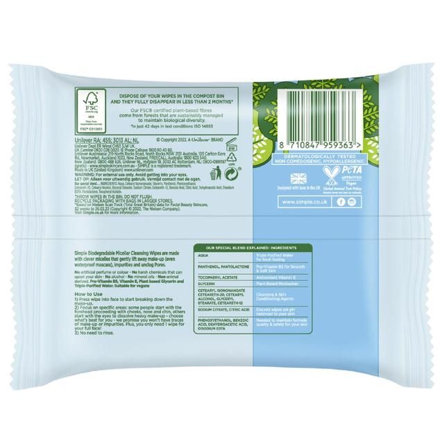 Simple Kind to Skin Micellar Biodegradable Cleansing Wipes   2 x 20 per pack