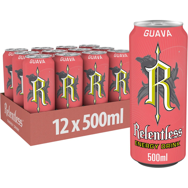 Relentless Guava energy drink 12 pack 500ml, imported from the UK