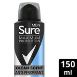 Sure Men Maximum Protection Clean Scent Anti-perspirant Deodorant Aerosol 150 ml Men's Toiletries Boots