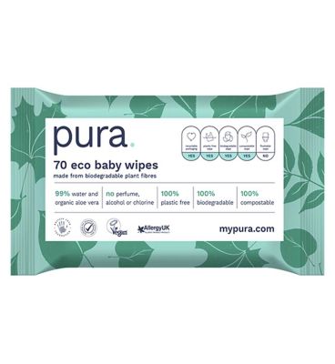 Pura 100% Plastic-Free Biodegradable Baby Wipes 70 Pack Baby Accessories & Cleaning Boots   