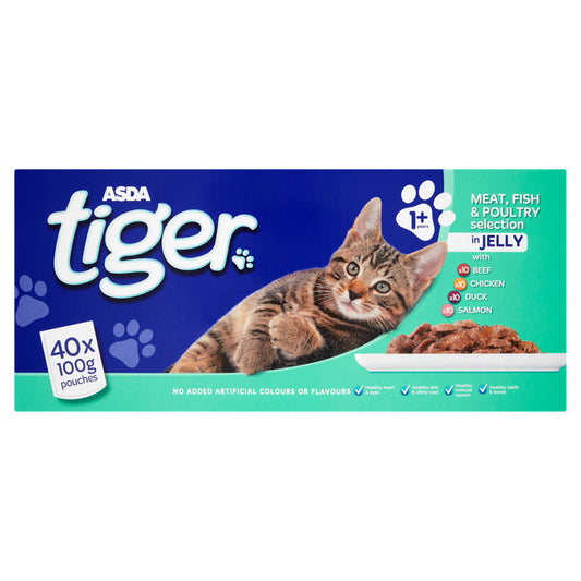 ASDA Tiger Meat, Fish & Poultry Selection in Jelly Adult Cat Food Pouches Cat Food & Accessories ASDA   