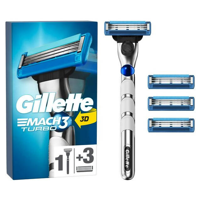 Gillette Mach3 Turbo 3D Razor Handle +3 Blade Refills Special Starter –  McGrocer