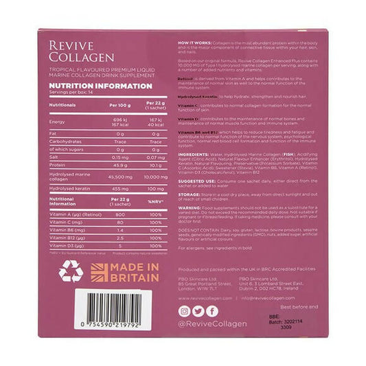 Revive Collagen Enhanced Plus Premium Liquid Marine Collagen Drink 10,000mgs 14 Sachets Food Supplement Holland&Barrett   