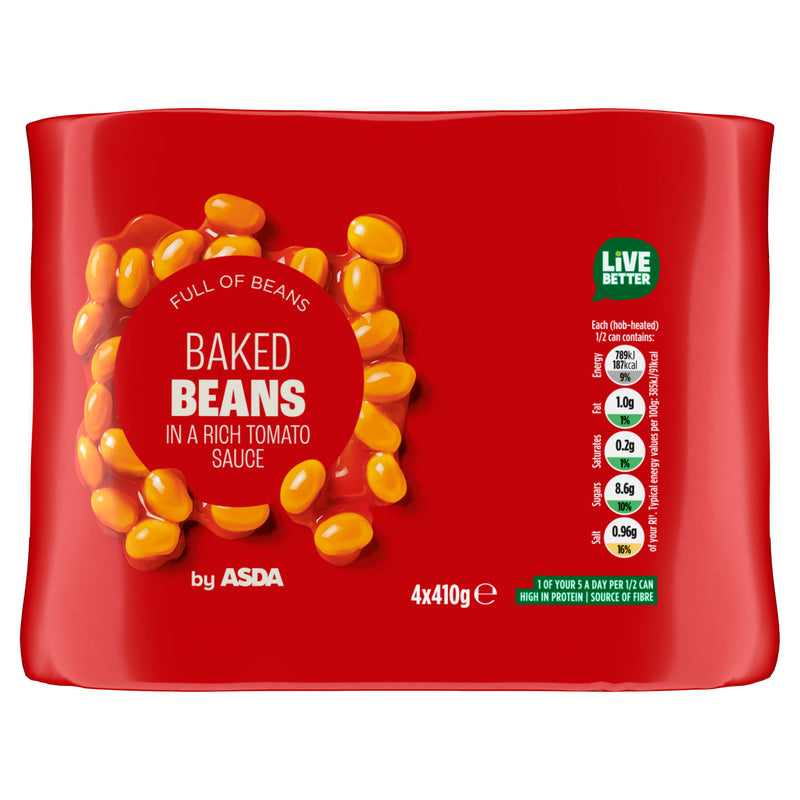 ASDA baked beans in tomato sauce 410g 4 pack, imported from the UK