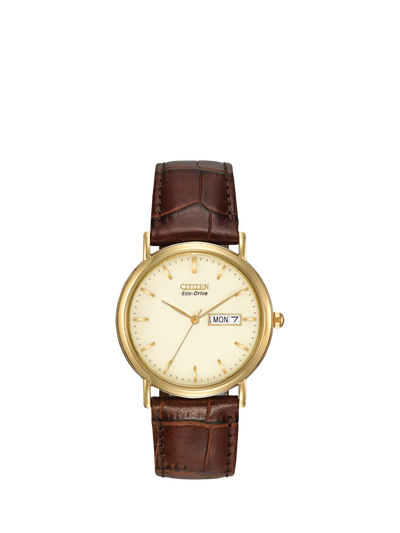 John Lewis Citizen BM8242-08P Men's Eco-Drive Leather Strap Watch Brown/Gold- Buy online at McGrocer