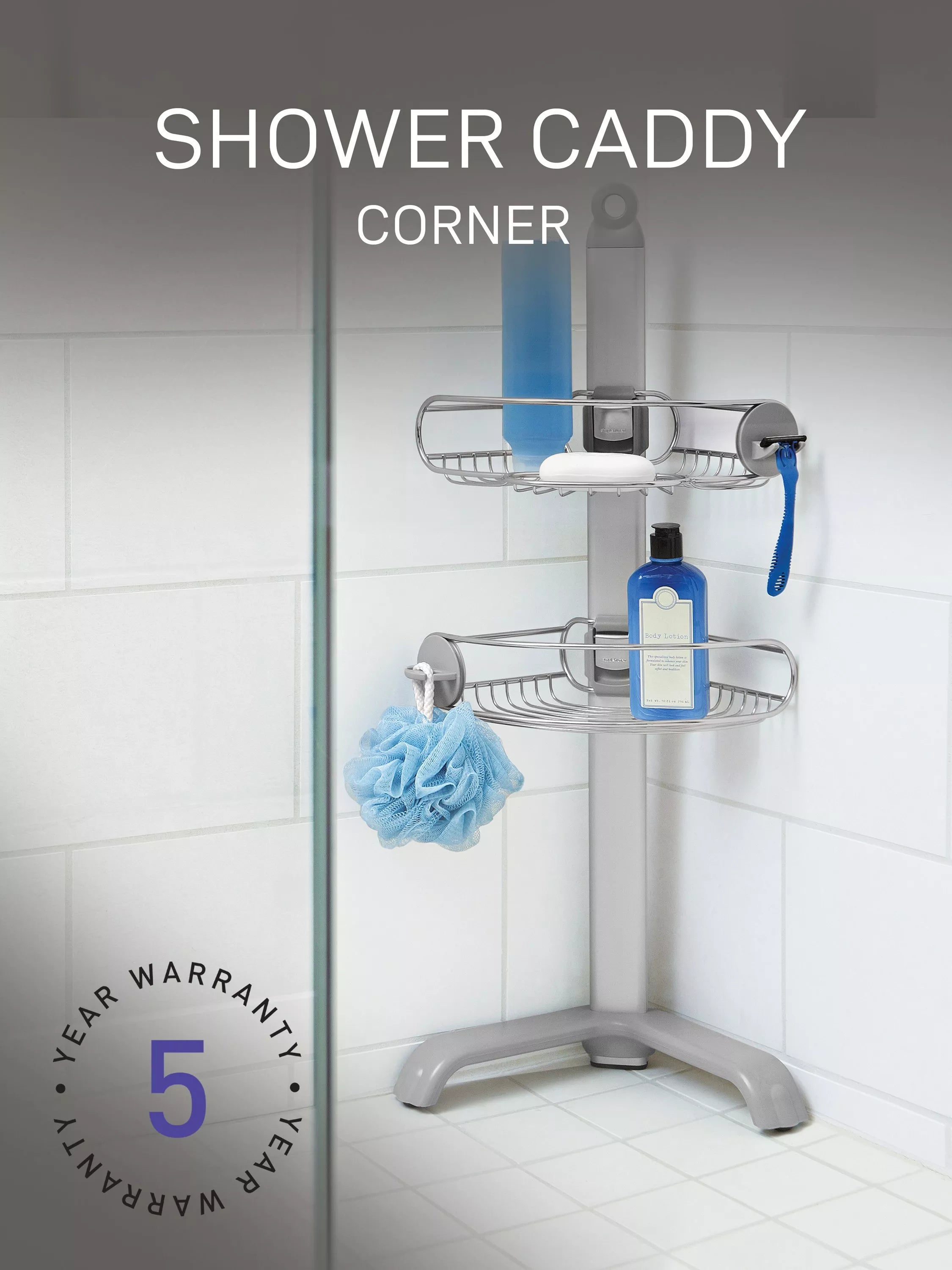 Simplehuman corrosion-resistant stainless steel corner shower caddy with adjustable shelves (British brand)