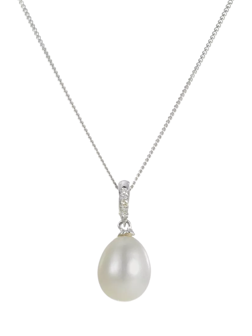 E.W Adams freshwater pearl and diamond pendant necklace 9ct white gold, imported from the UK