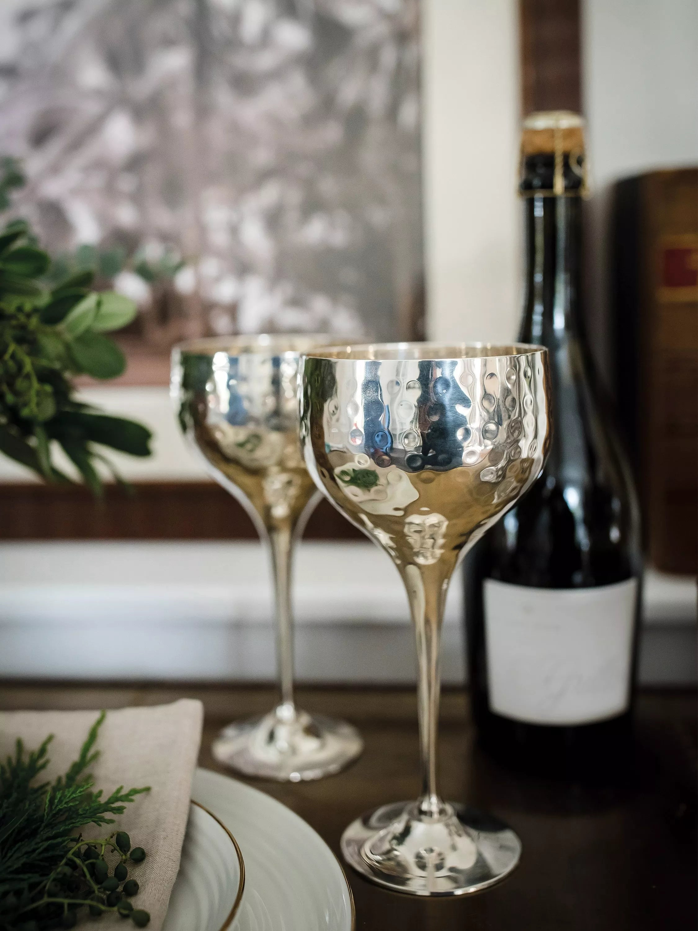 Culinary Concepts hammered wine goblets silver pair, imported from the UK