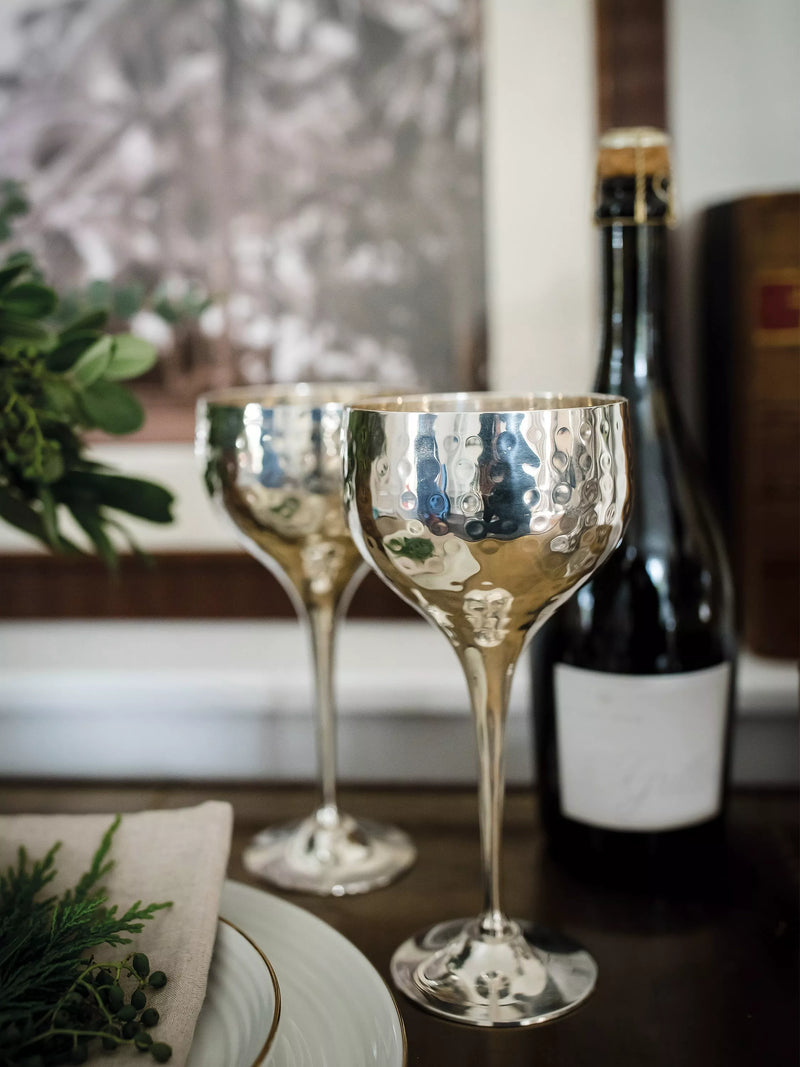 Culinary Concepts hammered wine goblets silver pair, imported from the UK