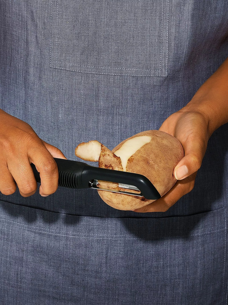 OXO swivel peeler with non-slip grip and potato eyer, imported from the UK