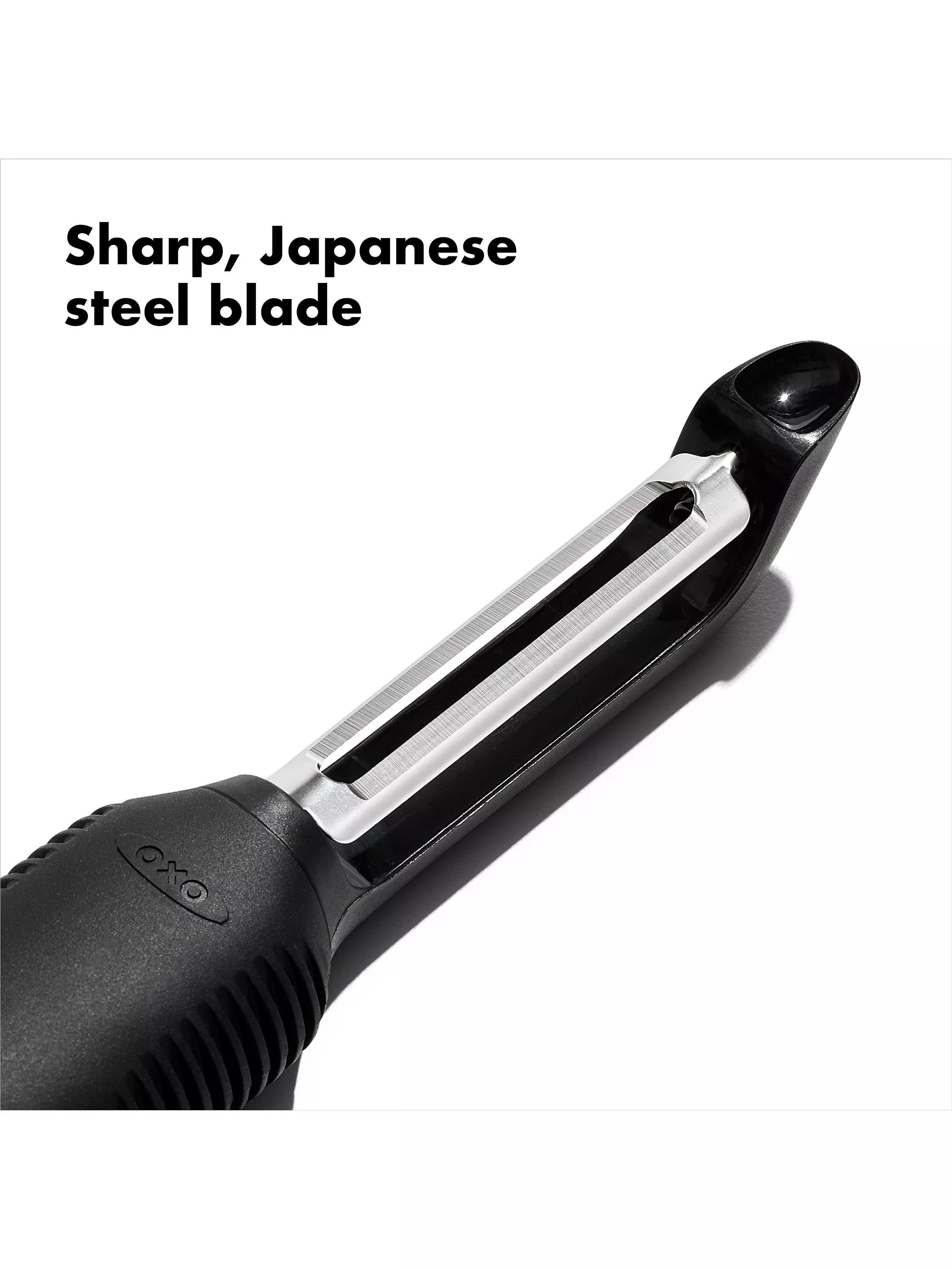 OXO swivel peeler with non-slip grip and potato eyer, imported from the UK