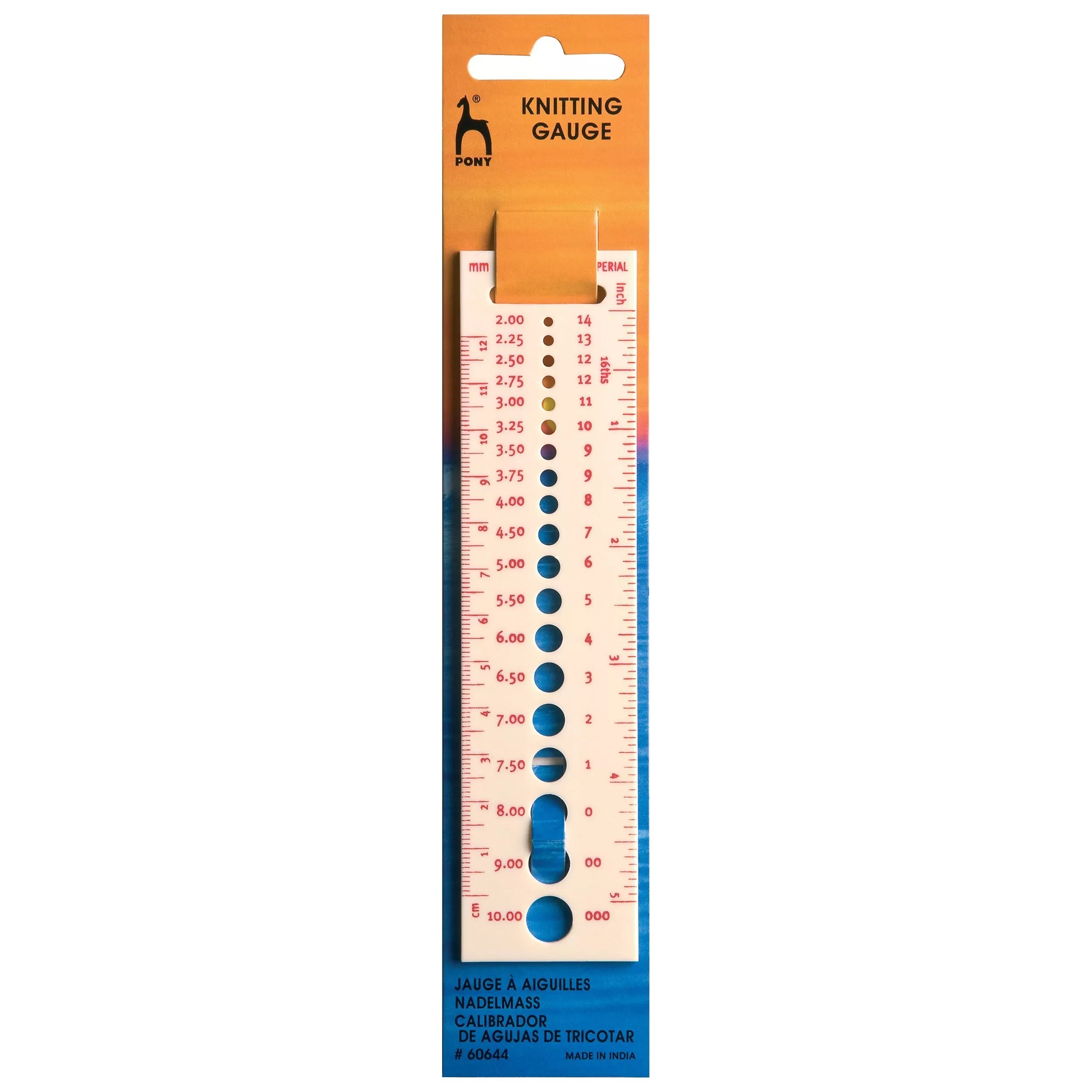 Pony knitting pin gauge with ruler, imported from the UK
