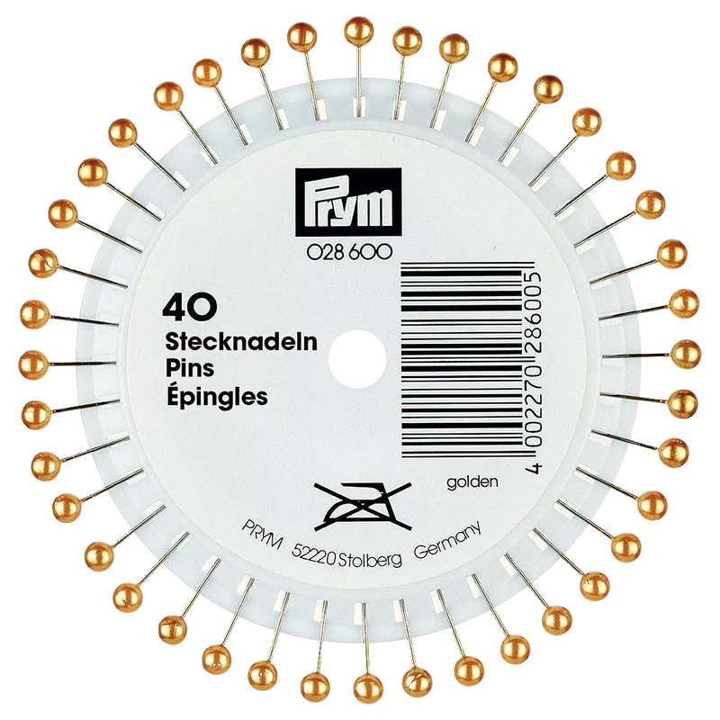 Prym gold pearl head pins 38mm 40-pack (British brand)