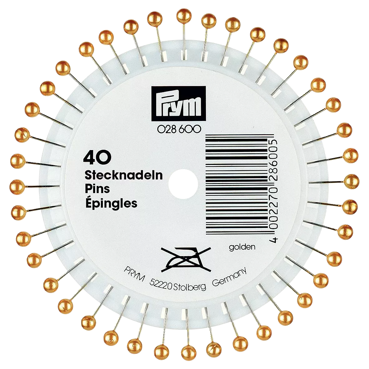 Prym gold pearl head pins 38mm 40-pack (British brand)