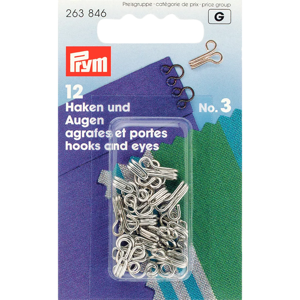 Prym nickel hooks and eyes pack of 12 (British brand)