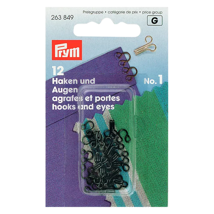 Prym brass hooks and eyes black - British product
