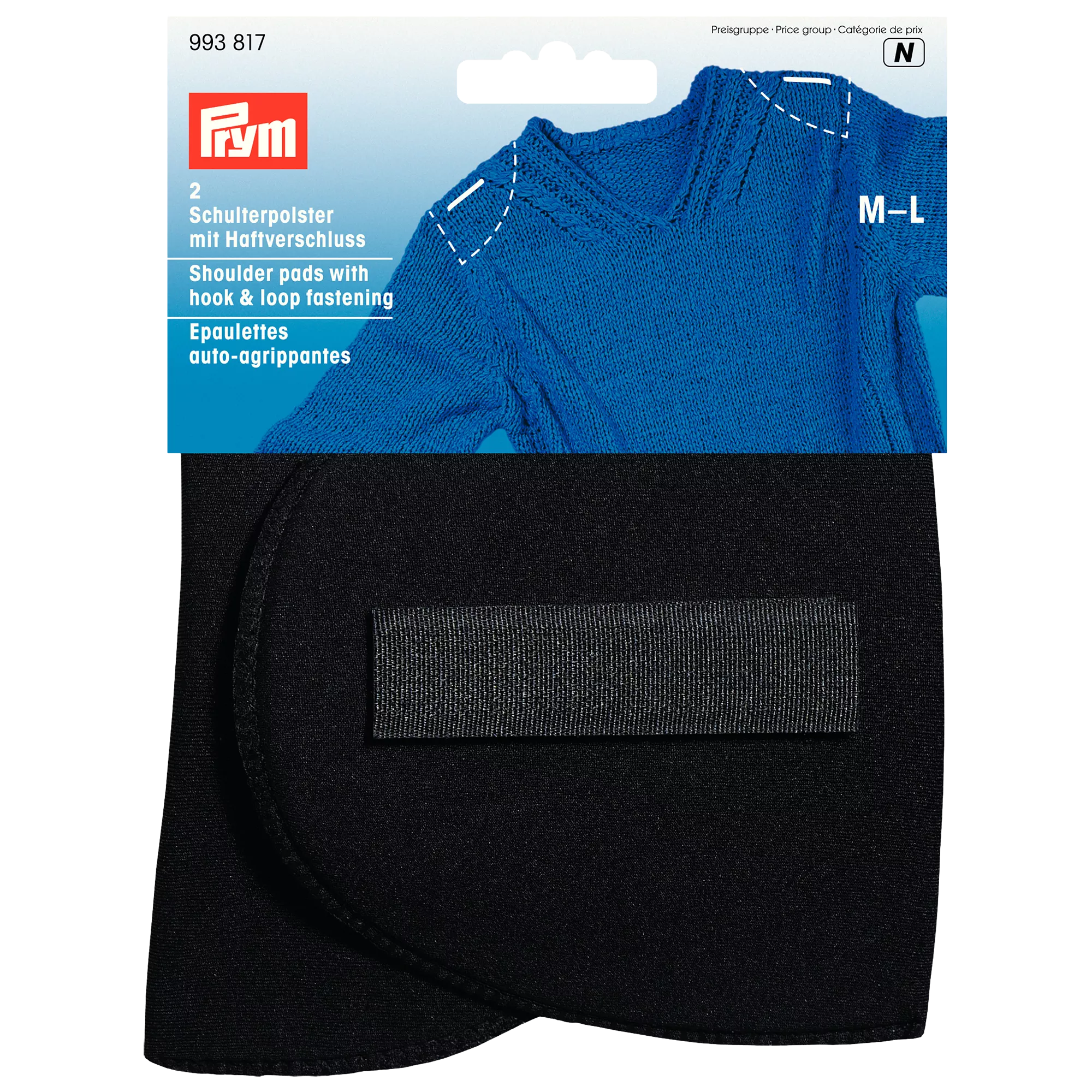 Prym black set-in shoulder pads M-L hook and loop - British product