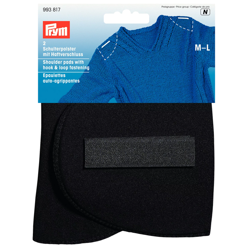 Prym black set-in shoulder pads M-L hook and loop - British product