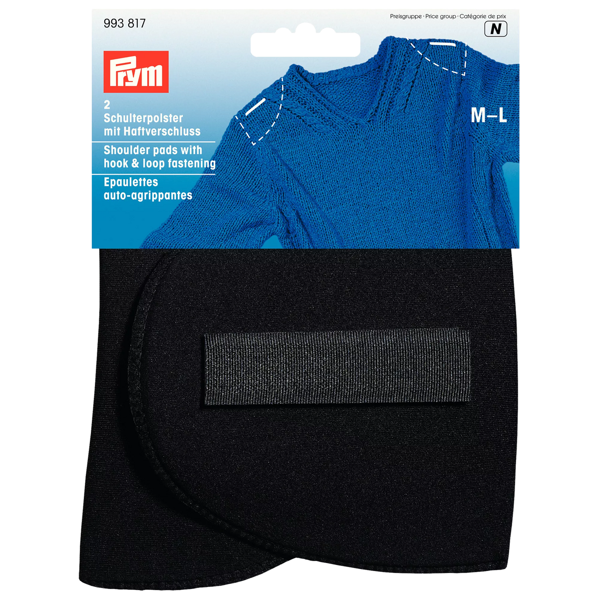 Prym black set-in shoulder pads M-L hook and loop - British product