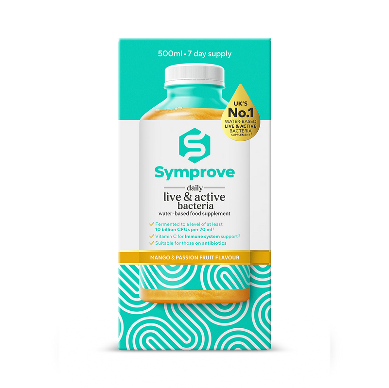 Symprove Mango & Passion Fruit live bacteria supplement 500ml, imported from the UK