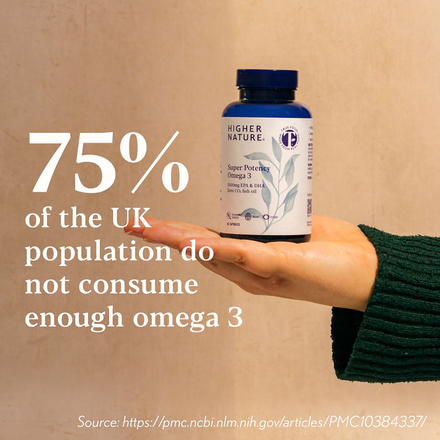 Higher Nature Omega 3 fish oil capsules Super Potency 1500mg 60 count, UK version