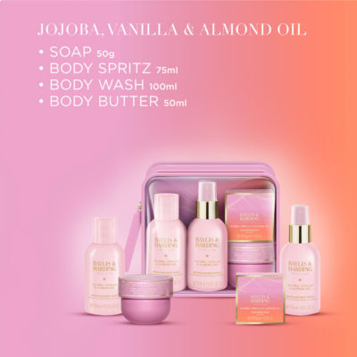 Baylis & Harding luxury travel gift set with jojoba vanilla almond oil, UK version