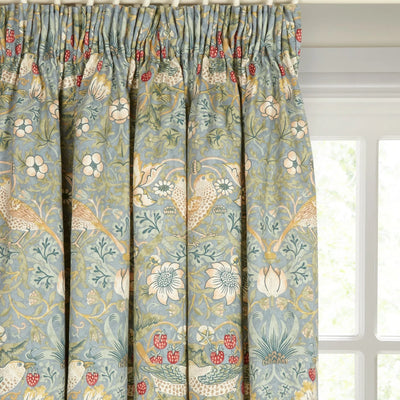 John Lewis Morris & Co. Strawberry Thief Duck Egg Lined Pencil Pleat Curtains, 137cm Drop- Buy online at McGrocer