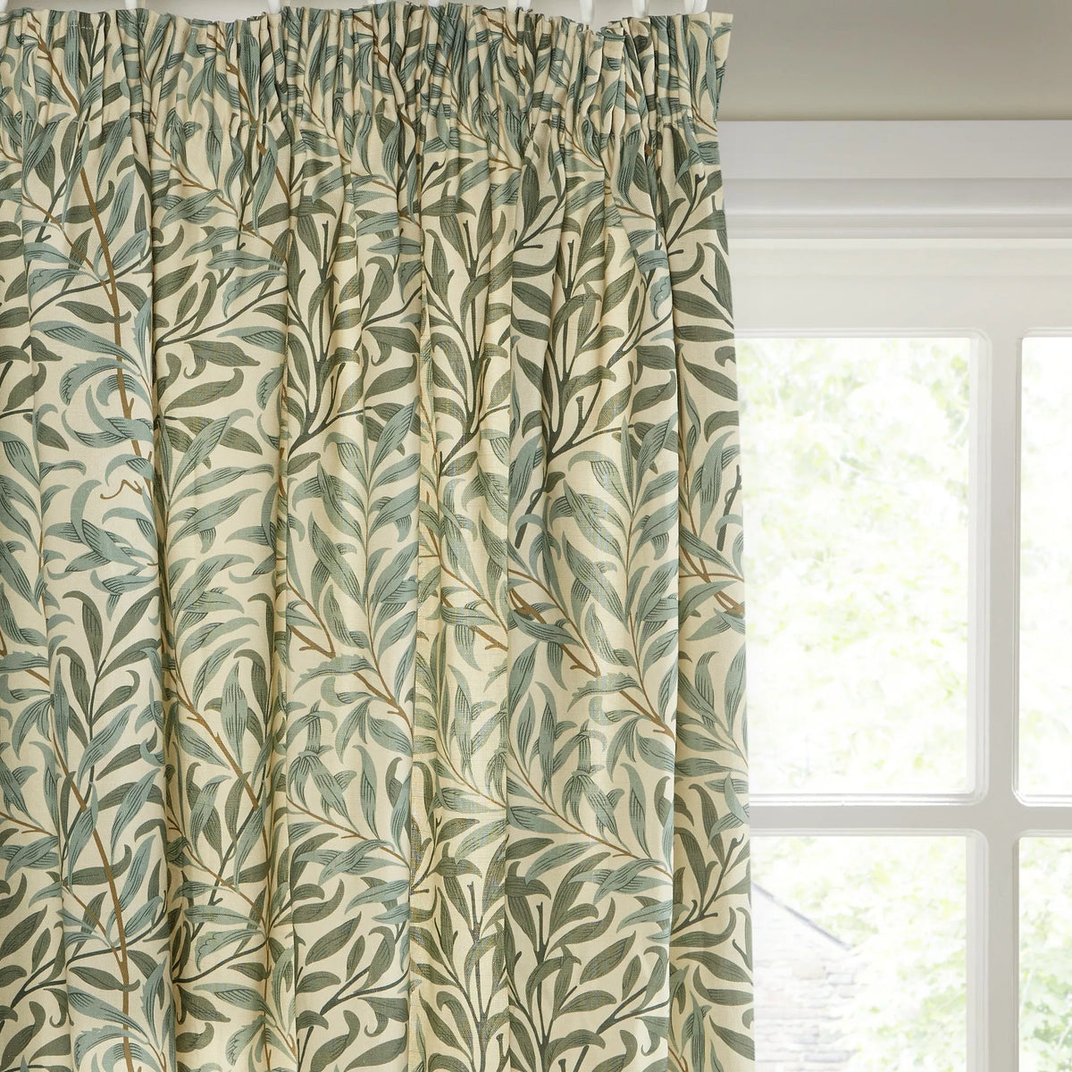 Morris & Co. Willow Bough Pair Lined Pencil Pleat Curtains, Green, W167 x Drop 137cm