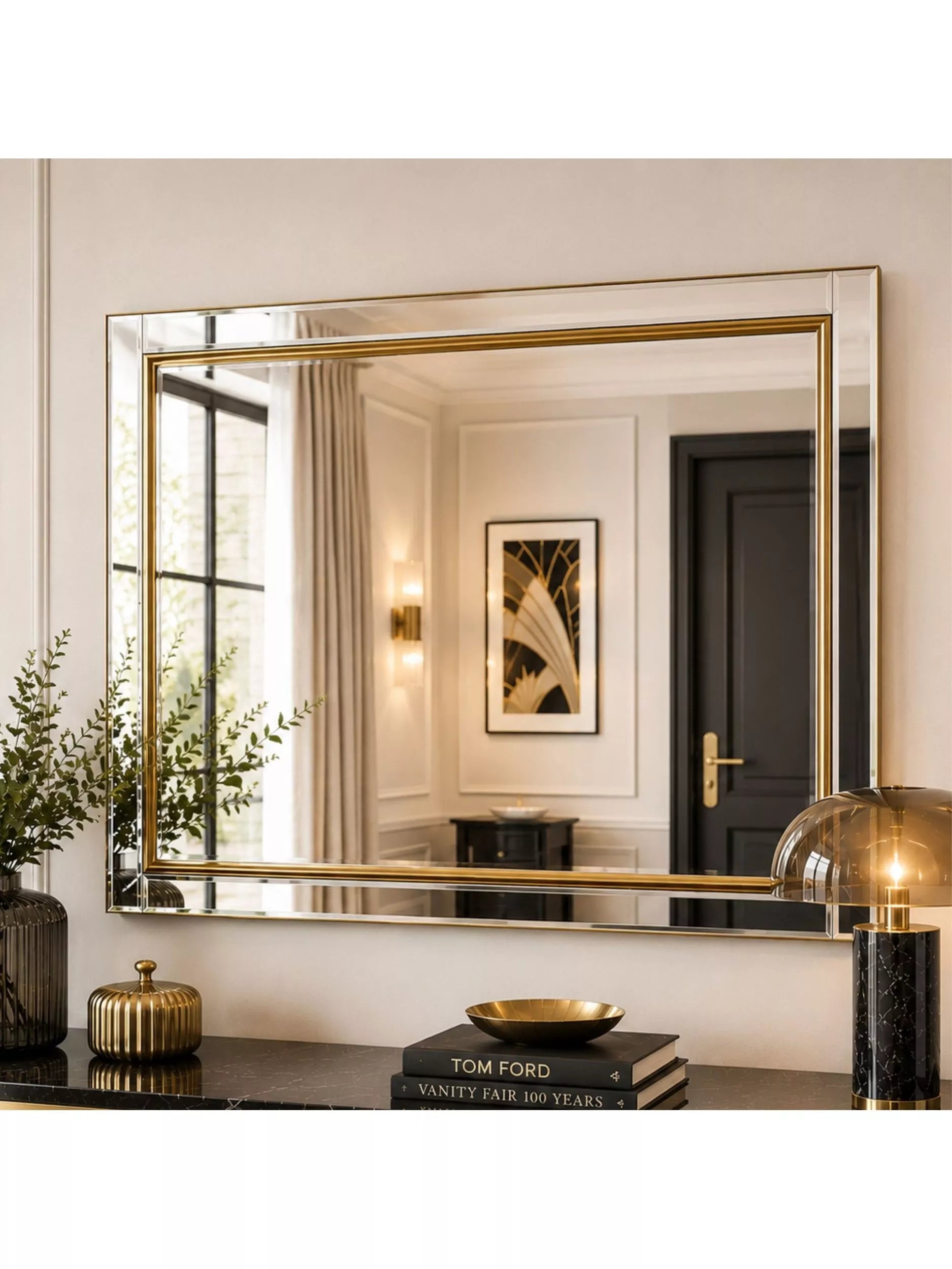 Yearn Bevelled Glass Edge Rectangular Wall Mirror, Gold, 91 x 66cm