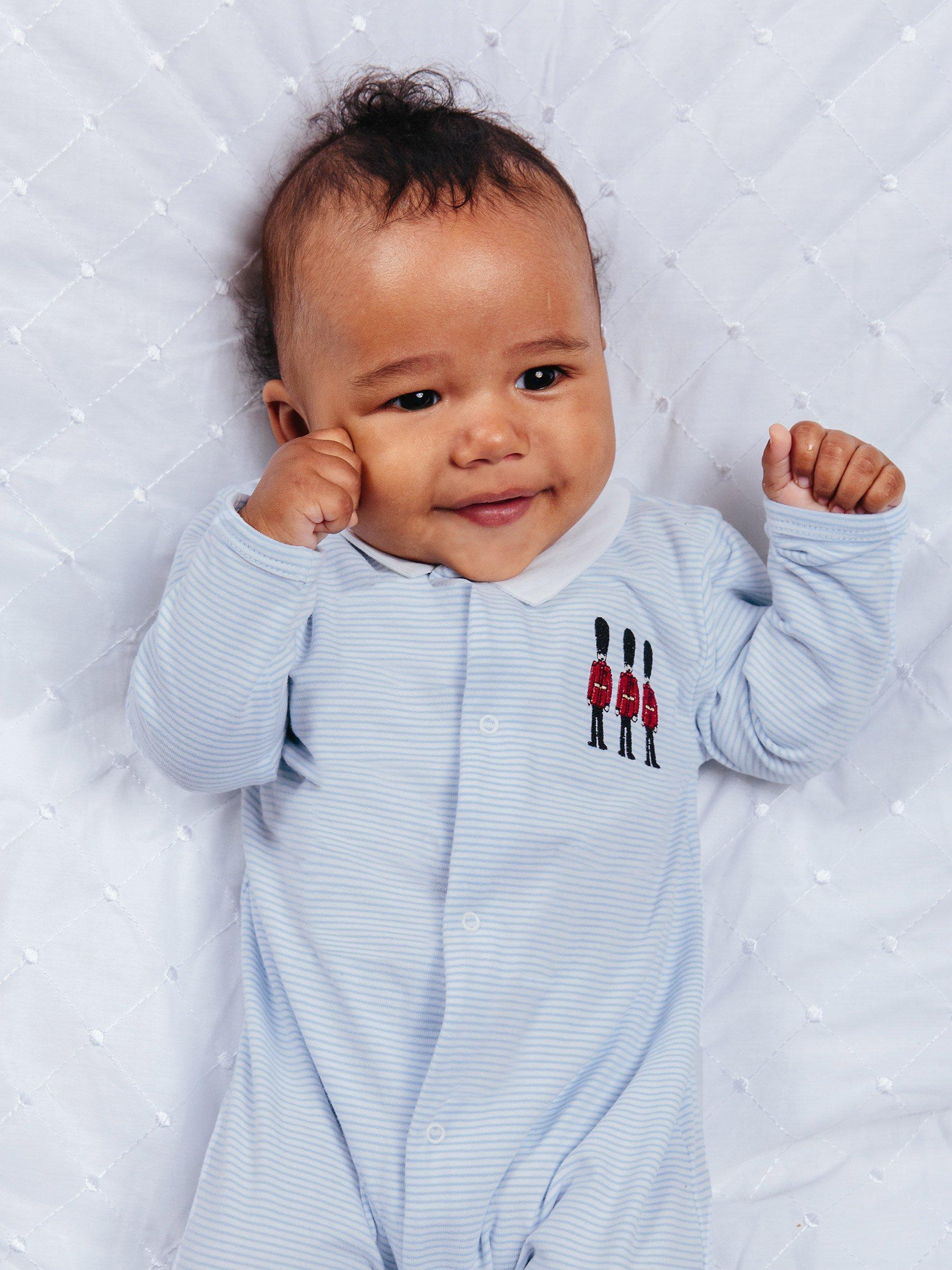 Trotters Baby Hugo Organic Cotton Jersey Blue Stripe Sleepsuit (British brand)