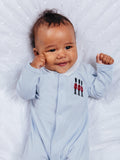 Trotters Baby Hugo Organic Cotton Jersey Blue Stripe Sleepsuit (British brand)